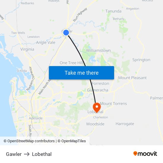 Gawler to Lobethal map