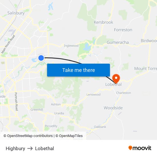 Highbury to Lobethal map