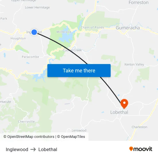 Inglewood to Lobethal map