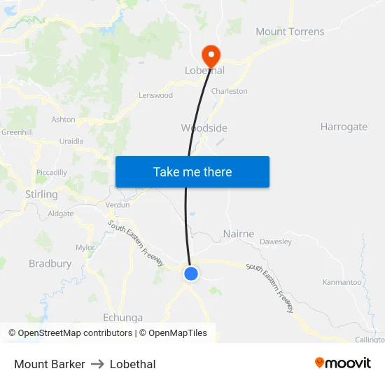 Mount Barker to Lobethal map