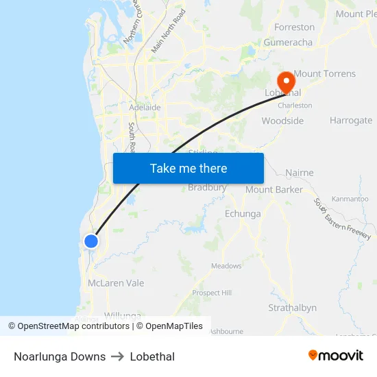 Noarlunga Downs to Lobethal map
