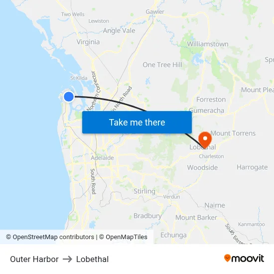 Outer Harbor to Lobethal map