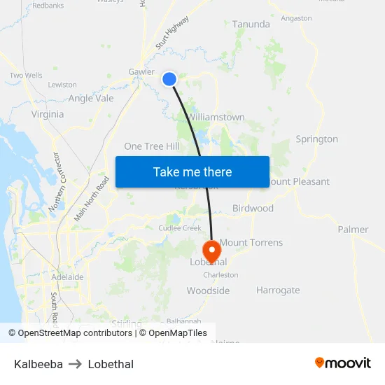 Kalbeeba to Lobethal map