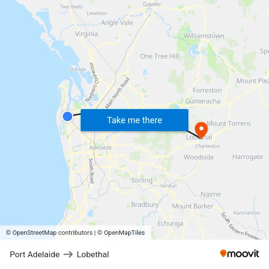 Port Adelaide to Lobethal map