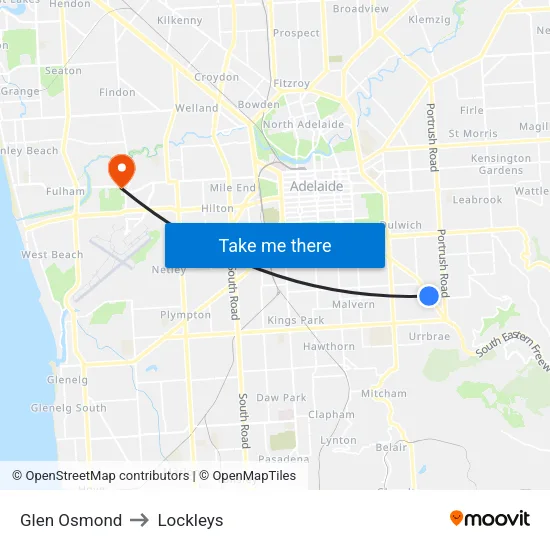 Glen Osmond to Lockleys map