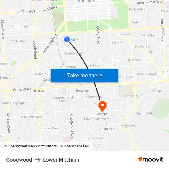 Goodwood to Lower Mitcham map