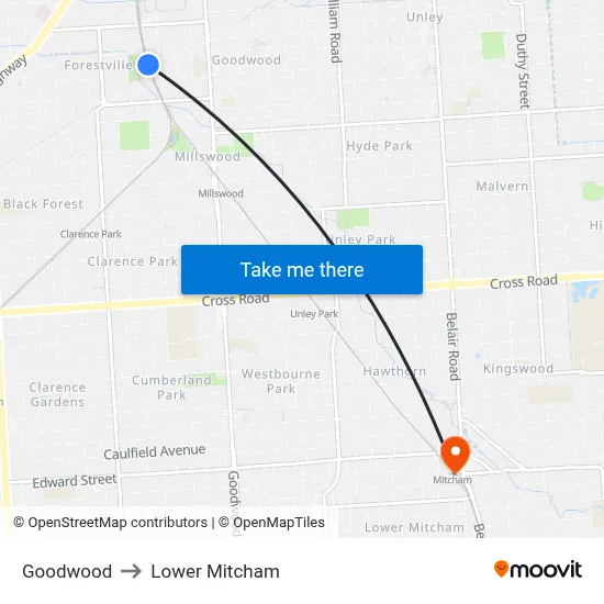 Goodwood to Lower Mitcham map