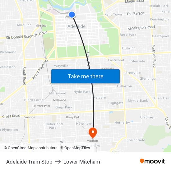 Adelaide Tram Stop to Lower Mitcham map