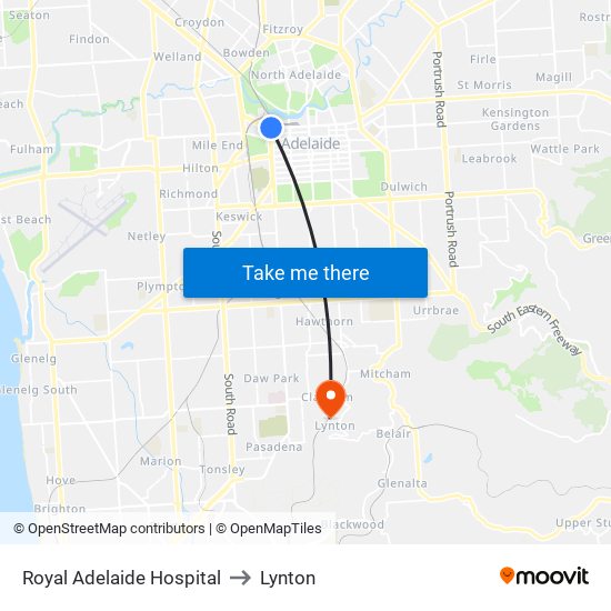 Royal Adelaide Hospital to Lynton map
