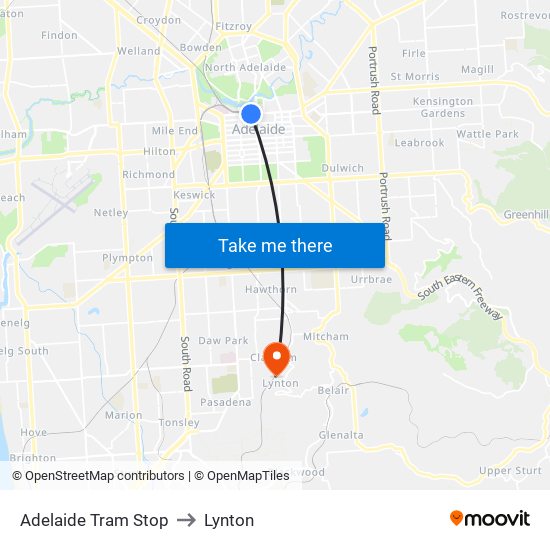 Adelaide Tram Stop to Lynton map