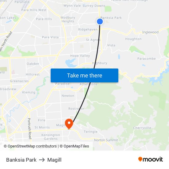 Banksia Park to Magill map