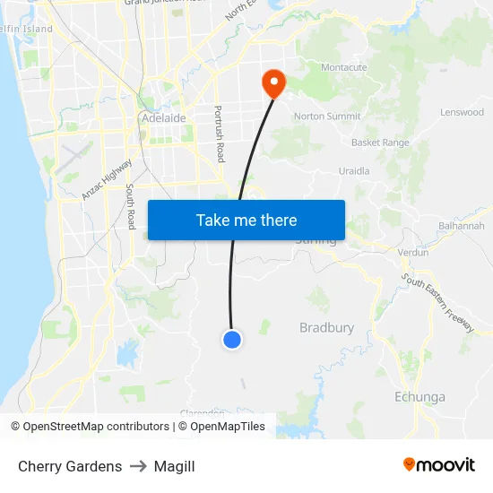 Cherry Gardens to Magill map