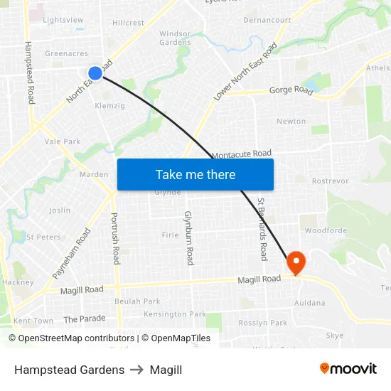 Hampstead Gardens to Magill map