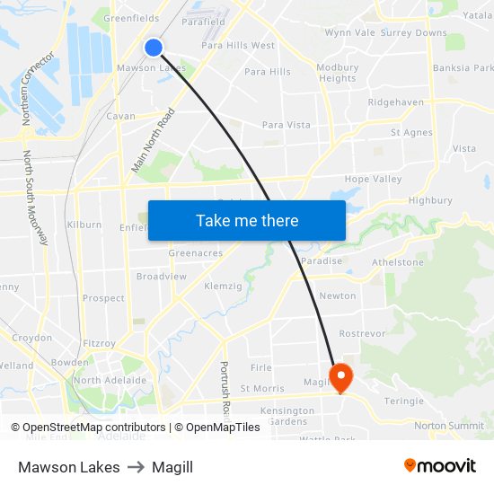 Mawson Lakes to Magill map