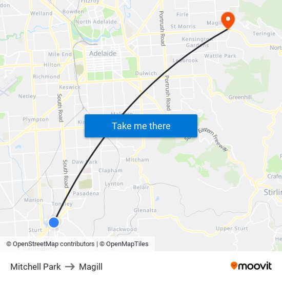 Mitchell Park to Magill map