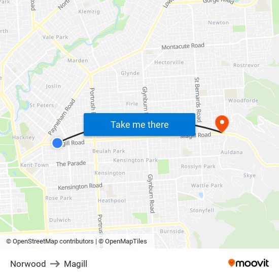 Norwood to Magill map