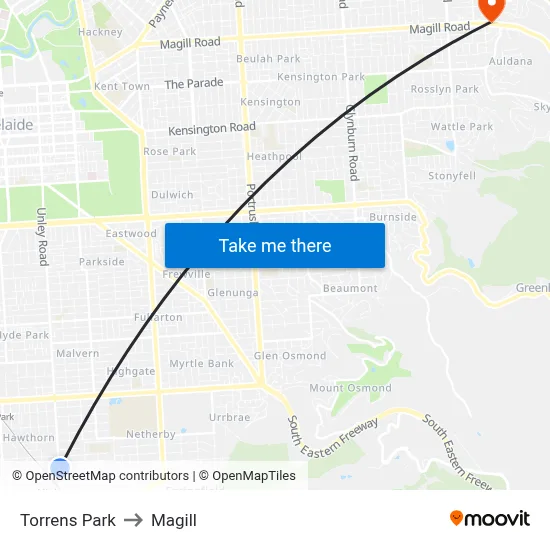 Torrens Park to Magill map