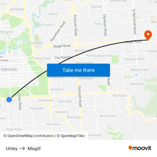 Unley to Magill map
