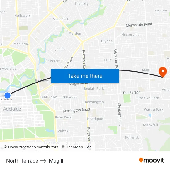 North Terrace to Magill map