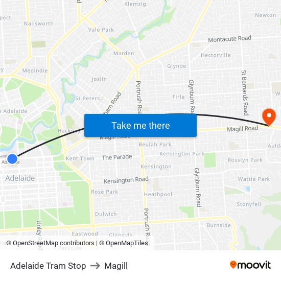 Adelaide Tram Stop to Magill map