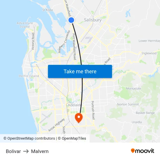 Bolivar to Malvern map