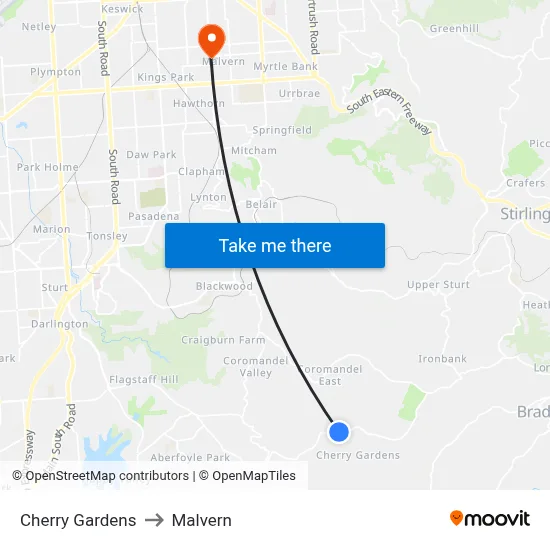 Cherry Gardens to Malvern map