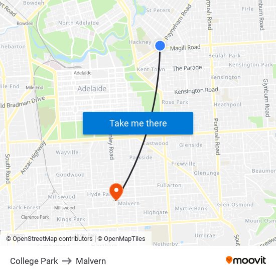 College Park to Malvern map