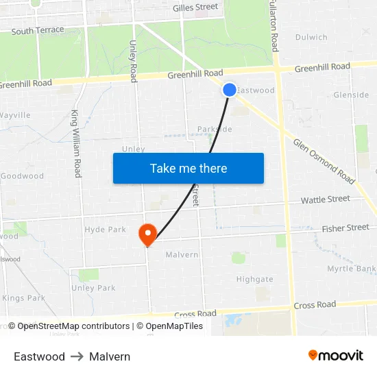 Eastwood to Malvern map