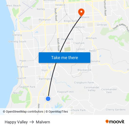 Happy Valley to Malvern map