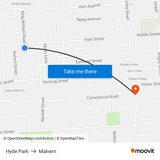 Hyde Park to Malvern map