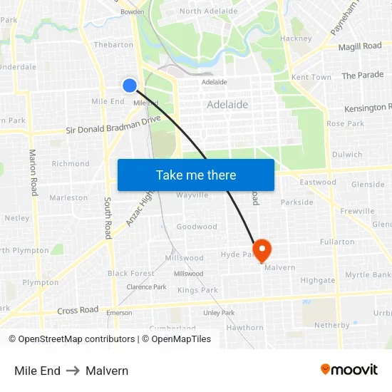 Mile End to Malvern map