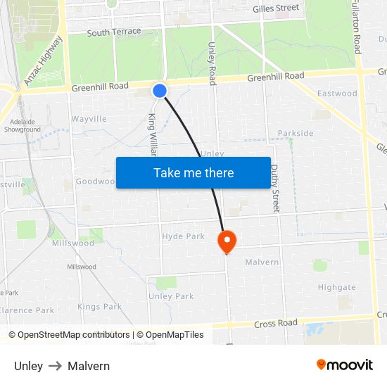 Unley to Malvern map