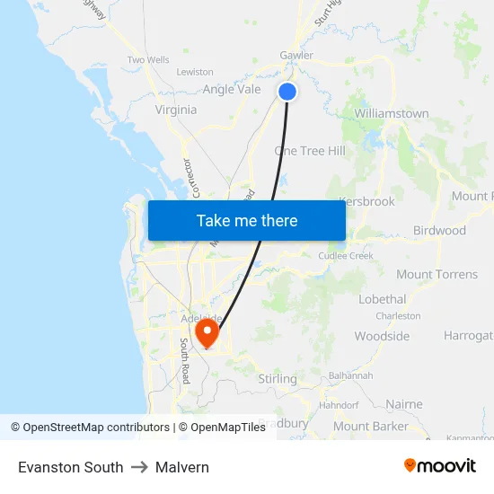 Evanston South to Malvern map