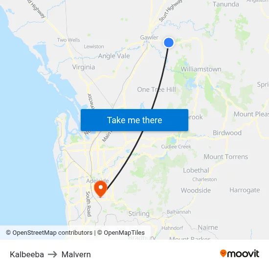 Kalbeeba to Malvern map