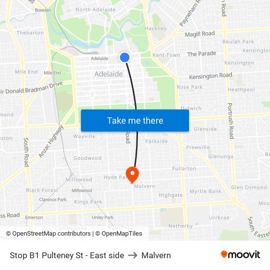 Stop B1 Pulteney St - East side to Malvern map