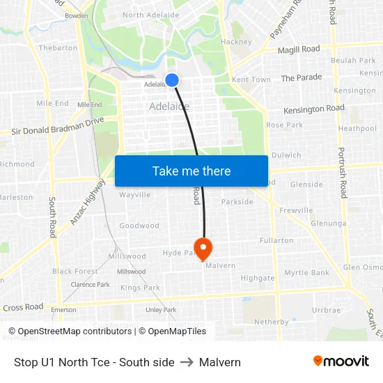 Stop U1 North Tce - South side to Malvern map