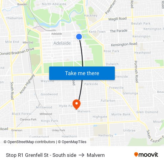 Stop R1 Grenfell St - South side to Malvern map