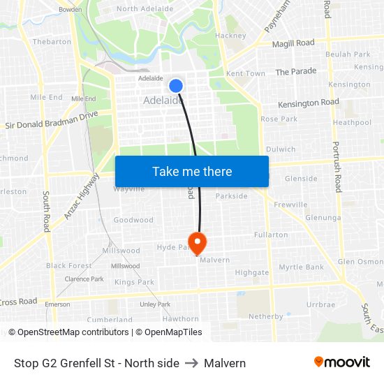 Stop G2 Grenfell St - North side to Malvern map