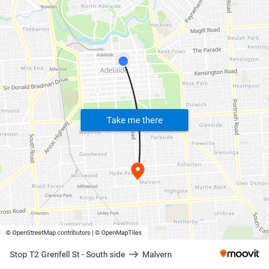 Stop T2 Grenfell St - South side to Malvern map