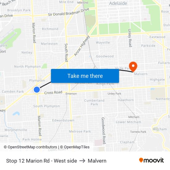 Stop 12 Marion Rd - West side to Malvern map