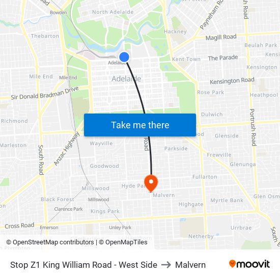 Stop Z1 King William Road - West Side to Malvern map