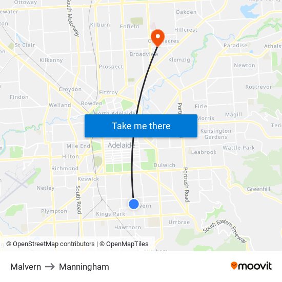 Malvern to Manningham map