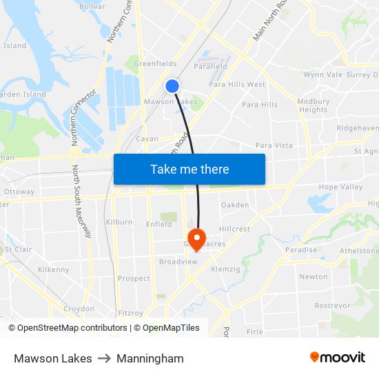 Mawson Lakes to Manningham map