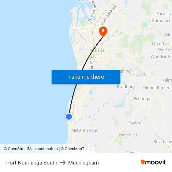 Port Noarlunga South to Manningham map