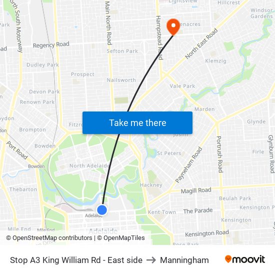 Stop A3 King William Rd - East side to Manningham map