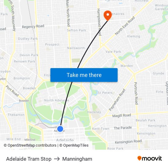 Adelaide Tram Stop to Manningham map