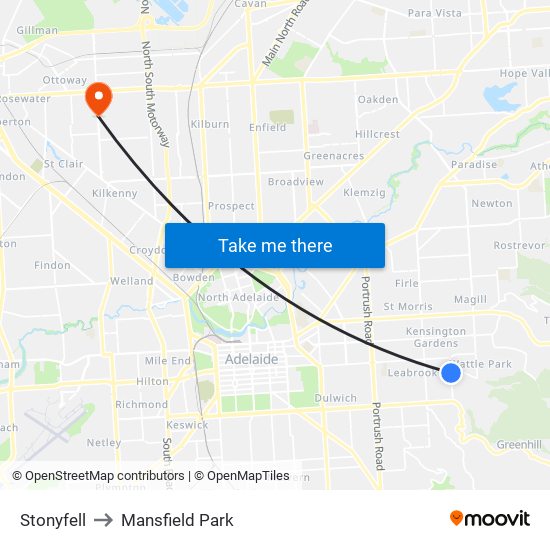 Stonyfell to Mansfield Park map