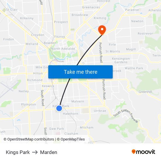 Kings Park to Marden map