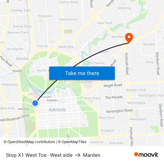 Stop X1 West Tce - West side to Marden map