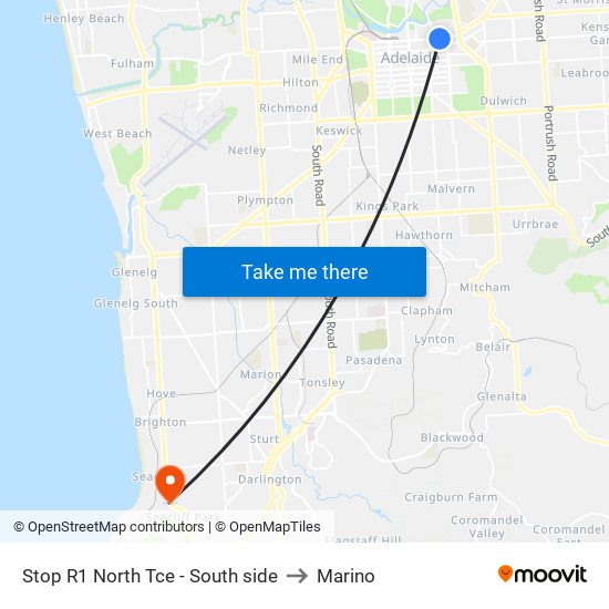 Stop R1 North Tce - South side to Marino map